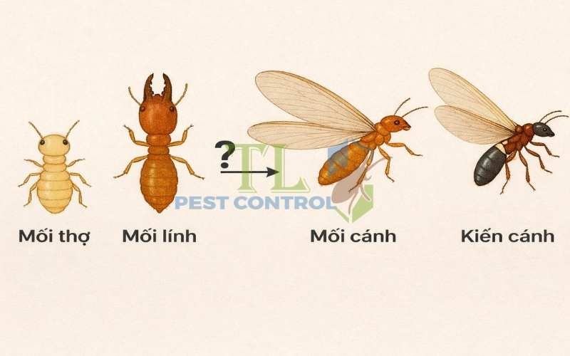 Phân biệt mối thợ với mối lính, mối cánh, kiến cánh